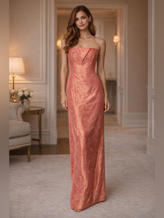 Jessica McClintock Dresses & Skirts - Coral Jacquard Satin Strapless Column Gown | Formal Evening · Jessica McClintock